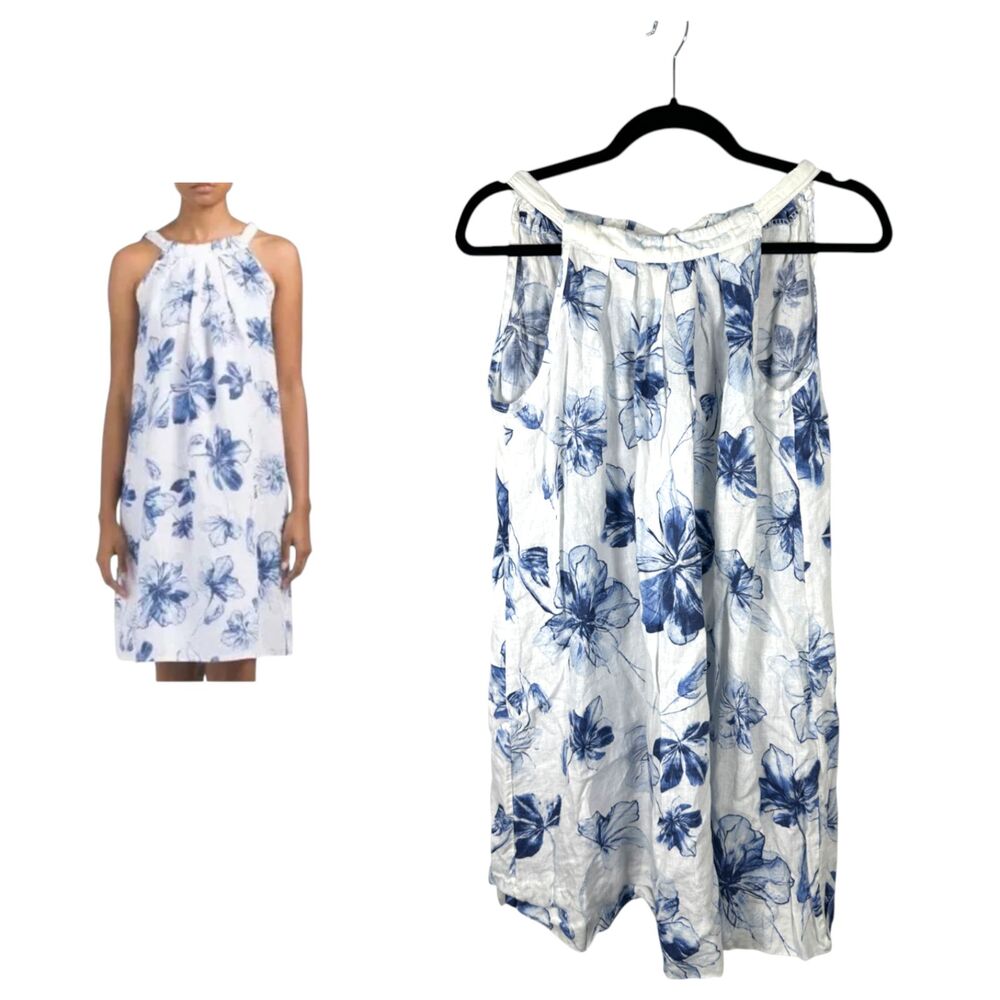Bella Umbra Italy Linen White Blue Floral Resort Sleeveless Flowy Dress  Medium